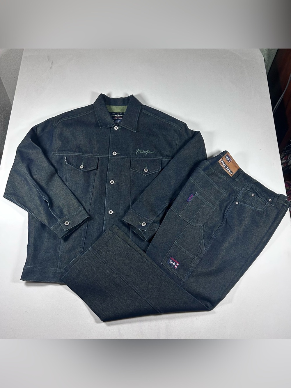 Vintage 90s Phat Farm Denim Iridescent Blue Green Mens 2XL Jacket Pants 30x30